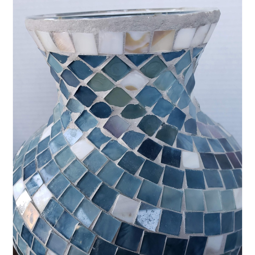 Mosaic 12 Inch Tall Blue White Tiled Glass Large Vase - Picture 11 of 15
